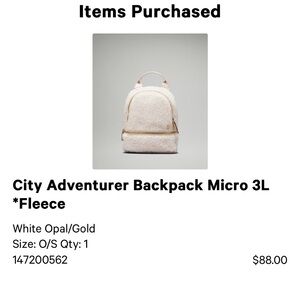 Lululemon Cream Sherpa Backpack with Gold Zippers